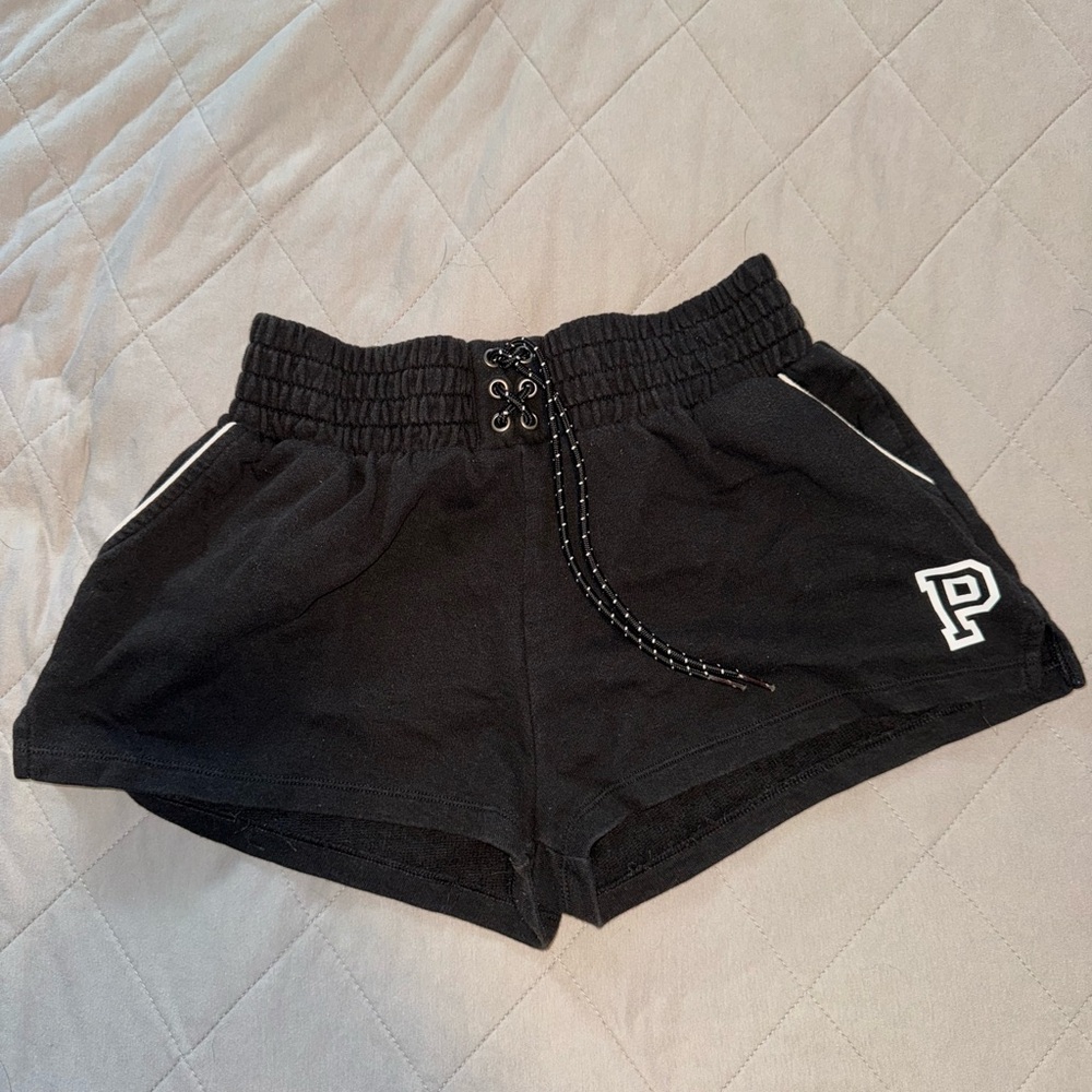Victoria’s Secret Pink Black fleece high waisted lace up shorts